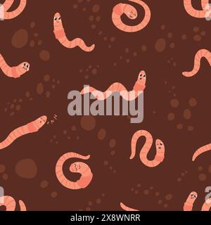 Cartoon worms seamless pattern. Earthworms in soil, cute crawlers characters underground. Composting and ecology, texture design, classy vector Stock Vector