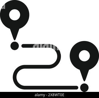 Simplistic black icon illustrating a route map with start and end pin markers Stock Vector