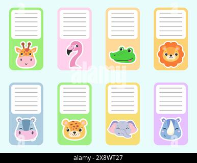 Name label design. Childrens stickers with African animals. Vector illustration. Stock Vector