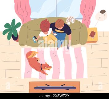 Watch tv top view. Family couple enjoys cinema movies or soccer, man woman sitting couch eating snack, person sit sofa look television news home leisure classy vector illustration of television couple Stock Vector