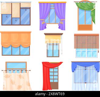 Cartoon curtains types. Hanging curtain on windows, hang fabric or closed roller blinds for luxury hotel room office home kitchen window decor interior, neat vector illustration of interior curtain Stock Vector
