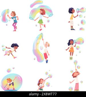 Kids play soap bubble. Child make blowing bubbles imitate balloon, little girl or boy playing outside activity children blow foam bottle, birthday party vector illustration of child with soap bubble Stock Vector