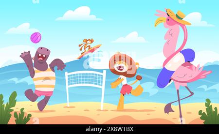 Animals summer beach scene. Cartoon funny animal characters relax in travel vacation, water surfing or swimming tropical sea coast sunlight background, classy vector illustration of animal on beach Stock Vector