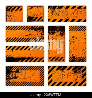 Orange grunge warning signs with diagonal lines. Old attention, danger or caution sign, construction site signage. Realistic notice signboard, warning Stock Vector