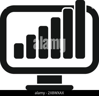 Black and white vector illustration of a computer screen displaying a bar chart icon, symbolizing data analysis Stock Vector