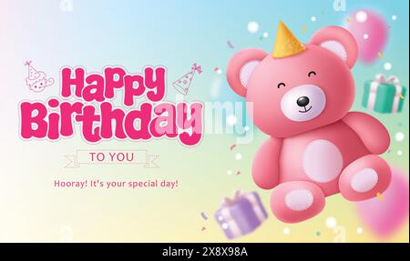Happy birthday greeting vector design. Birthday greeting text with pink cute teddy bear and gift box for kids imitation card background. Vector Stock Vector
