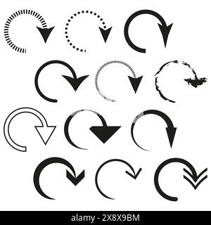 Refresh arrow icons. Circular arrow symbols. Black and white. Vector illustration. Stock Vector
