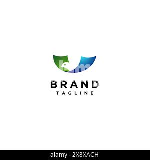 Bird Silhouette Between Two Papers Logo Design. Green and Blue Paper With Bird Silhouette in the Center. Stock Vector