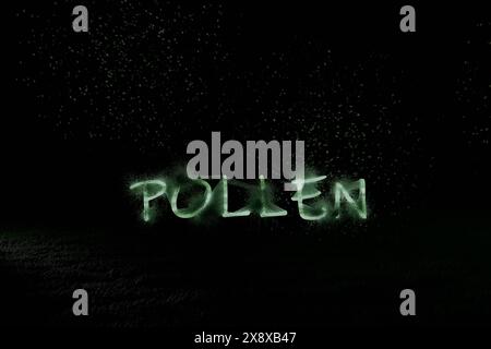 3d render of pollen text with grass, weeds and flying allergens Stock Photo