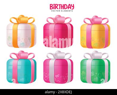 Birthday gifts box elements vector set design. Birthday 3d gift close box with ribbon tie isolated in white background. Vector illustration 3d gift Stock Vector