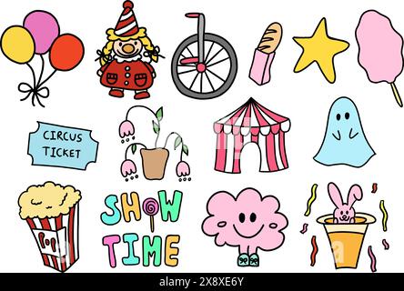 Hand drawn circus elements such as clown, balloons, popcorn, ticket, snack, SHOW TIME letters, bunny dolls for sticker, logo, icon, cartoon, mascot Stock Vector