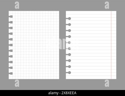 Set of notebook sheets isolated on gray background. Realistic white blanks of checkered and lined paper. Different vertical pages from diary. Vector Stock Vector