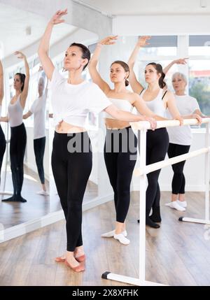 Group of women mastering third position at ballet barre Stock Photo