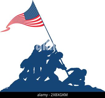 American Soldiers lifting united states America flag Stock Vector