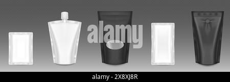Doypack mockup for food or cosmetic products. Realistic 3d vector illustration set of black and white blank pouch package template with zipper and cap. Plastic bag and sachet for sauce pack design. Stock Vector