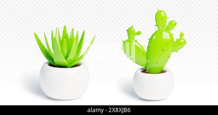 Cactus and green succulent in ceramic pots isolated on transparent background. Vector realistic illustration of home garden plants, greenhouse or florist shop design elements, flower in round clay pot Stock Vector