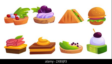 Buffet food appetizer and cold snack - canape and sandwich, bruschetta and burger. Cartoon vector illustration set little meals for banquet with bread and cheese, olive and cucumber, ham and vegetable Stock Vector