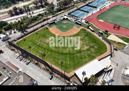 A general overall aerial view of Reeder Field, Monday, May 27, 2024, in Los Angeles. The stadium is the home of the Cal State LA baseball team. Stock Photo