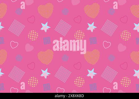 Colorful Memphis style seamless pattern with geometric shapes and hearts. Perfect for backgrounds, textiles, wallpapers, and trendy designs. Stock Vector