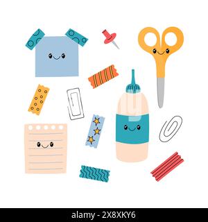 School supplies vector illustration. Educational characters. Office stationery elements. Cute funny doodle style. Memo note, scissors, tapes, glue, pa Stock Vector