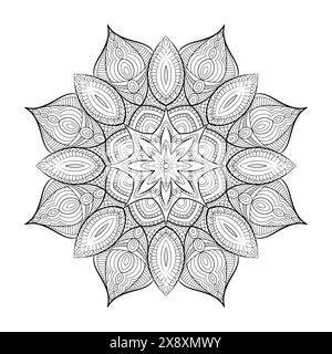 Linear coloring book mandala, mystical yoga flower tattoo. Oriental boho symmetrical stamp, monogram, designer invitation. Vector illustration isolate Stock Vector