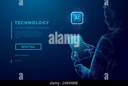Abstract wireframe man holding tablet with AI chip hologram.  Stock Vector