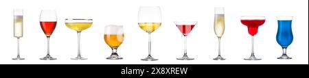 Set of different glasses for drinks and cocktails on white background with clipping path. Stock Photo