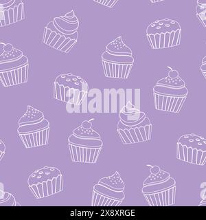 Cupcake outline seamless pattern on purple background vector illustration. Stock Vector