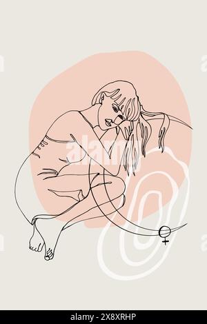 Card or poster with one single line drawing of female face and abstract shapes Stock Vector