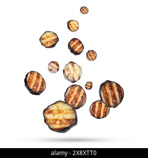 Slices of grilled eggplants in air on white background Stock Photo