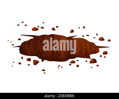 Deep hole in the ground with grass and stones. Brown soil, large cracks and ruins. Digging of sand coal waste rock. Detailed drawing in cartoon style Stock Vector