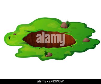 Deep hole in the ground with grass and stones. Brown soil, large cracks and ruins. Digging of sand coal waste rock. Detailed drawing in cartoon style Stock Vector