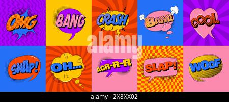 Cartoon explosions comical speech bubbles in trendy pop art style Stock Vector