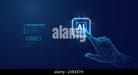 Index human finger presses on a light blue AI chip or processor.  Stock Vector