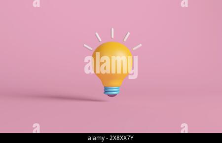 3D illustration of a bright yellow light bulb on Pink Background, symbolizing ideas and inspiration, Stock Photo