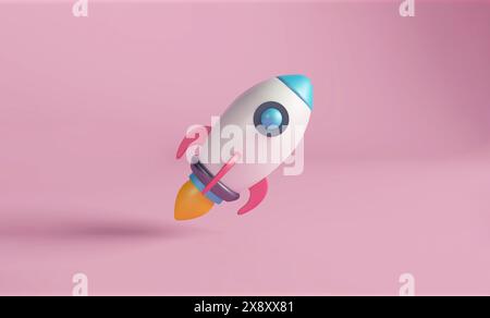 3D illustration of a cartoon-style rocket on pink background, the launch of a new start up or new business concept Stock Photo