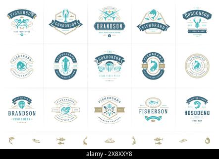 Seafood logos or signs set vector illustration fish market and restaurant emblems templates design, salmon and tuna silhouettes. Vintage typography ba Stock Vector