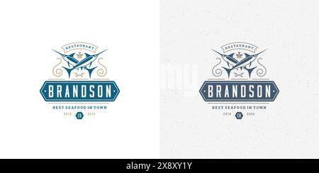 Seafood logo or sign vector illustration fish market and restaurant emblem template design swordfish silhouette. Vintage typography badge or label des Stock Vector