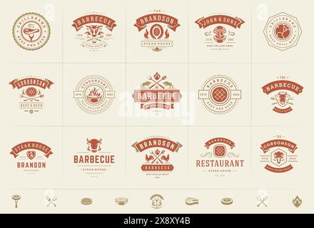 Grill and barbecue logos set vector illustration steak house or restaurant menu badges with bbq food silhouettes. Modern vintage typography labels and Stock Vector