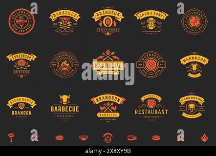 Grill and barbecue logos set vector illustration steak house or restaurant menu badges with bbq food silhouettes. Modern vintage typography labels and Stock Vector