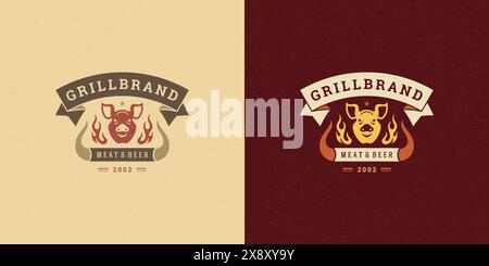 Barbecue logo vector illustration grill steak house or bbq restaurant menu emblem pig head silhouette. Modern vintage typographic badge or label desig Stock Vector