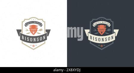 Barbecue logo vector illustration grill steak house or bbq restaurant menu emblem bison head with forks silhouette. Modern vintage typographic badge o Stock Vector