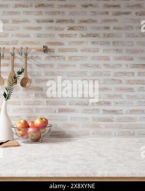 A close-up image of a showcasing space on a white marble tabletop with kitchen decorative objects against the brick wall in a Scandinavian kitchen. 3d Stock Photo