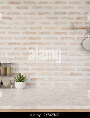 A close-up image of a showcasing space on a white marble tabletop with kitchen decorative objects against the brick wall in a Scandinavian kitchen. 3d Stock Photo