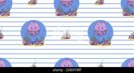 Seamless pattern with jellyfish boy with underwater landscape with algae on white striped background. Vector horizontal illustration. Cartoon cute und Stock Vector