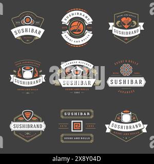 Sushi restaurant logos and badges set japanese food with sushi and rolls silhouettes vector illustration. Vintage typography emblems and labels design Stock Vector
