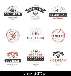 Sushi restaurant logos set vector illustration. Japanese food, sushi and rolls silhouettes. Vintage typography badges design. Stock Vector