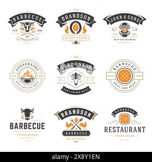Grill restaurant logos and badges set vector illustration. Barbecue steak house menu emblems and food silhouettes. Vintage typography design. Stock Vector