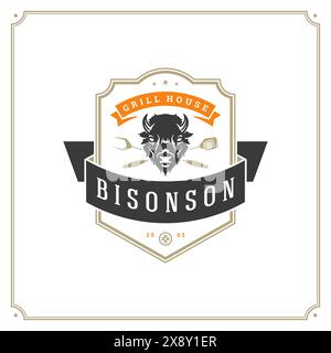 Grill restaurant logo vector illustration. Barbecue steak house menu emblem, buffalo head silhouette. Vintage typography badge design. Stock Vector