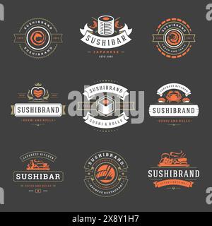 Sushi restaurant logos set vector illustration. Japanese food, sushi and rolls silhouettes. Vintage typography badges design. Stock Vector